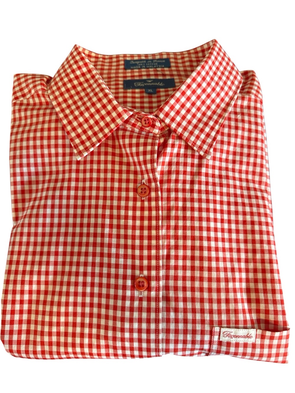 Faconnable Red White Gingham Button Down Shirt Men's XL Long Sleeve 100% Cotton